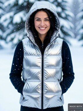 New Silver Metallic Hooded Puffer Vest XL